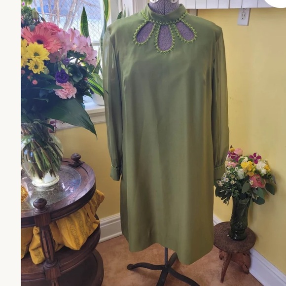 Vintage 1960 Dresses & Skirts - Embellished Olive Green Long Sleeve Shift Dress